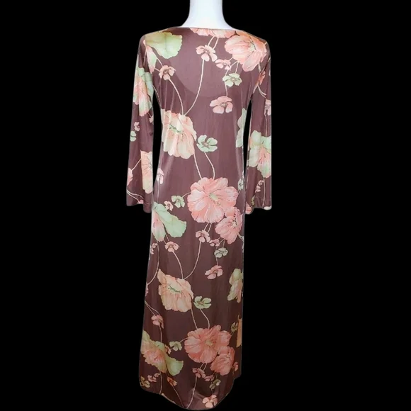 VTG Long Slip Babydoll Dress Brown 2 Pc Robe Set Peach Sz S Loungewear 70s Nylon - Picture 11 of 16
